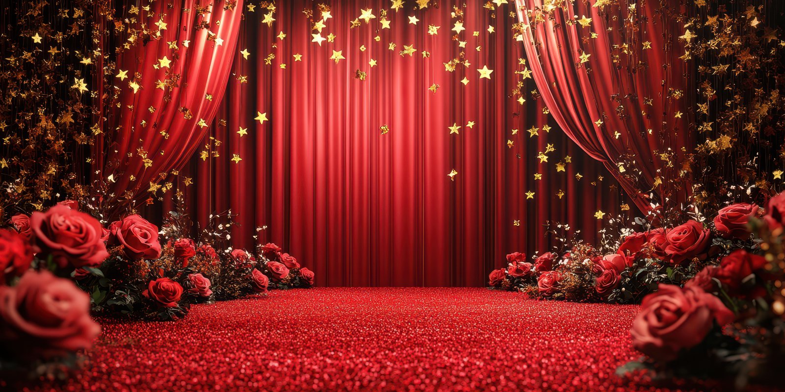 Red velvet stage with gold stars and roses for glamorous event celebration